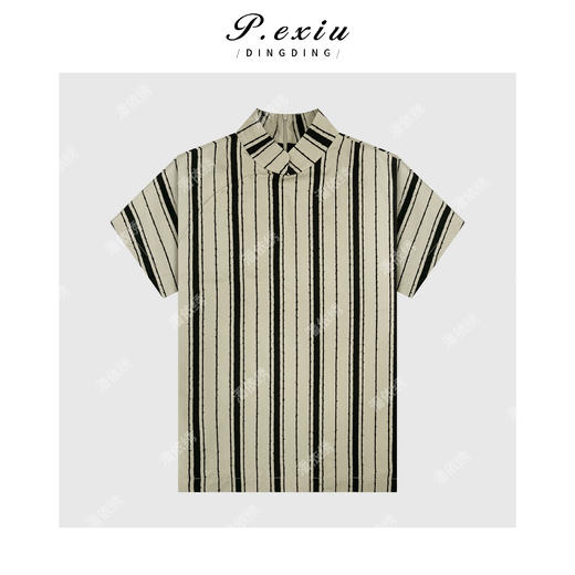 04-3潘依绣丁丁宠粉人丝芝士条纹复古高级感短袖衬衫 W-62862 商品图1
