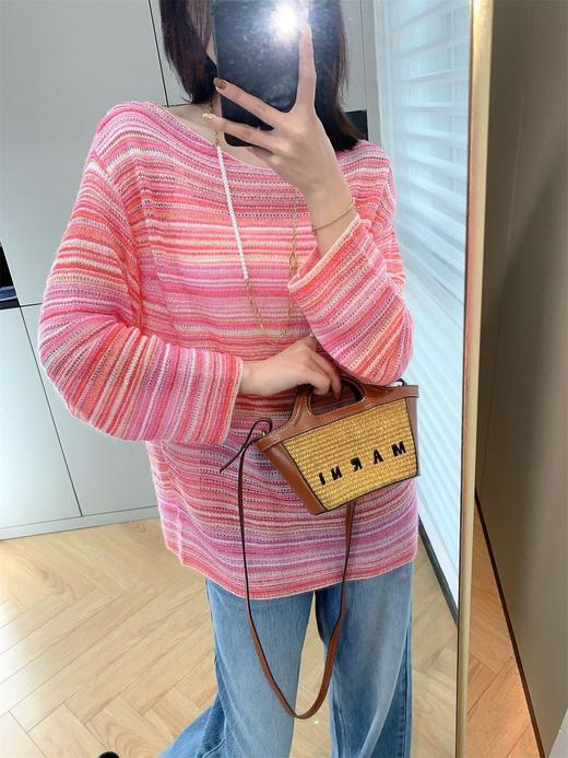 2025春新款钩花百搭条纹镂空宽松圆领长袖薄款针织衫 商品图7