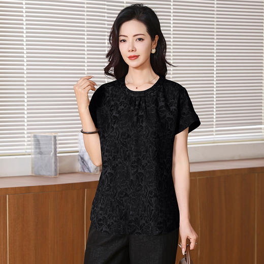 KQ-221810新中式冠乐绉香云纱短袖T恤2025夏新款国风复古小衫体恤真丝上衣 商品图3