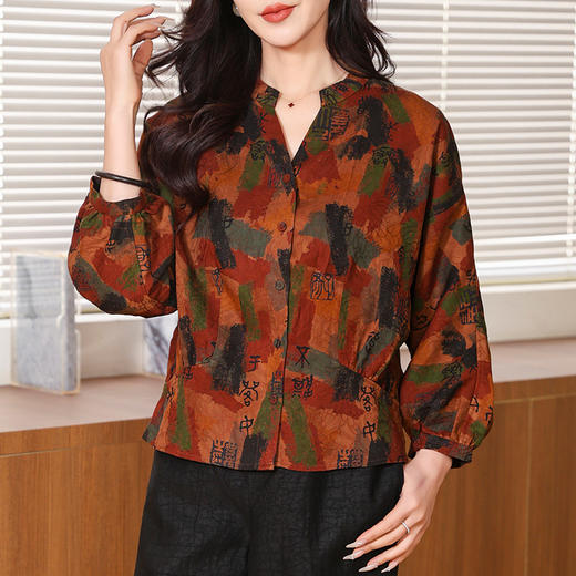 KQ-221801香云纱真丝衬衫女妈妈桑蚕丝上衣印花长袖春夏装 商品图2