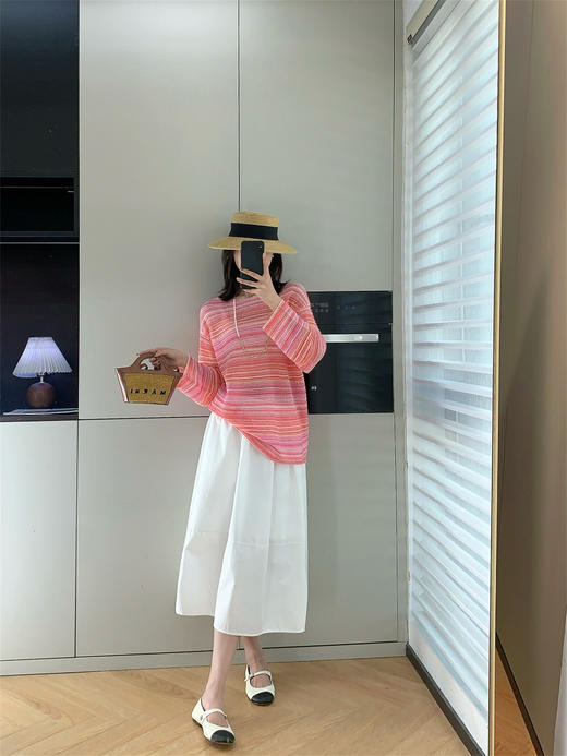 2025春新款钩花百搭条纹镂空宽松圆领长袖薄款针织衫 商品图14