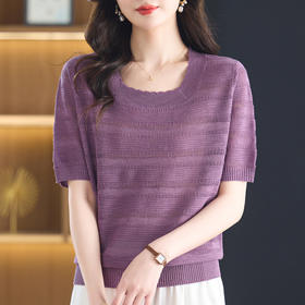 短款冰丝针织短袖T恤，薄款体恤宽松休闲小个子套头上衣CC- 5-6363