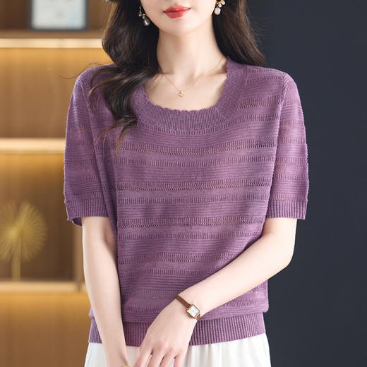 短款冰丝针织短袖T恤，薄款体恤宽松休闲小个子套头上衣CC- 5-6363 商品图0