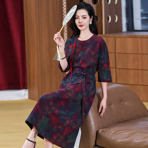 KQ-221881新中式古装水墨旗袍结婚女扎染香云纱桑蚕丝显瘦真丝连衣裙 商品图0