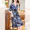 KQ-29675青花瓷弹力缎气质碎花裹身裙子海边度假夏季真丝连衣裙系带桑蚕丝 商品缩略图0