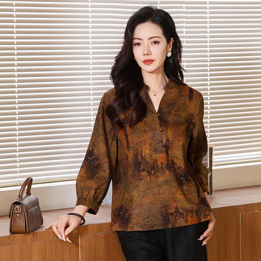 KQ-221802香云纱真丝复古衬衫2025春夏新款七分袖大码立领桑蚕印花小衫 商品图1