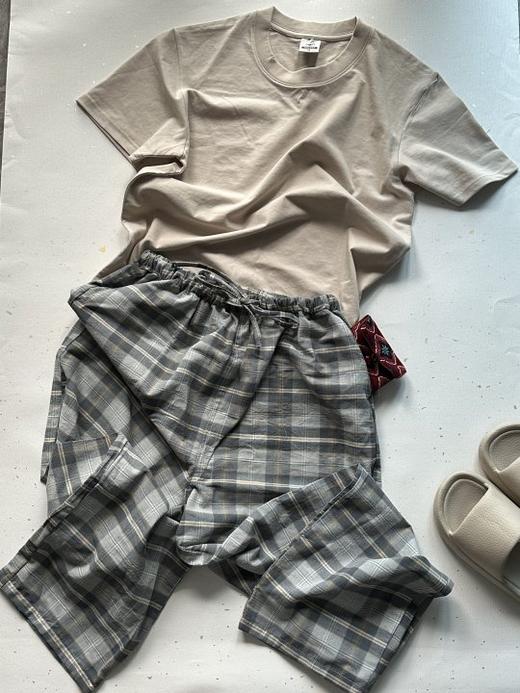 米马杂货 男女通用T+格子长裤 居家睡衣套装 外出买菜倒垃圾 商品图1