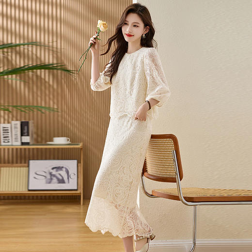 蕾丝新中式鱼尾长裙，修身气质优雅显瘦两件套连衣裙HR-MEIQIN5566 商品图1