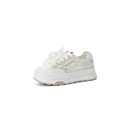 经典鲨2025夏蕾丝仙女风牛皮革甜美蝴蝶结透气厚底显高休闲鞋女KW326-529021 商品图7