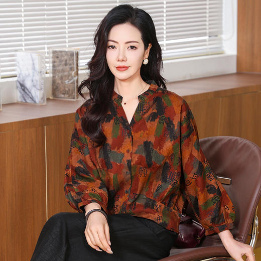 KQ-221801香云纱真丝衬衫女妈妈桑蚕丝上衣印花长袖春夏装 商品图0
