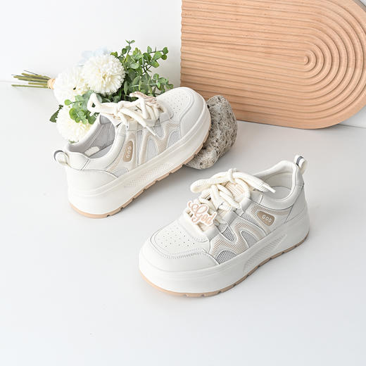 经典鲨2025夏季款韩版牛皮革时尚网状透气厚底显高休闲小白鞋女KW326-529031 商品图3