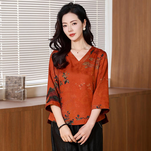 KQ-221803新品香云纱花萝面料旗袍小衫黄花树枝数码印花真丝T上衣 商品图0