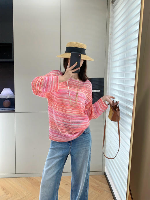 2025春新款钩花百搭条纹镂空宽松圆领长袖薄款针织衫 商品图8