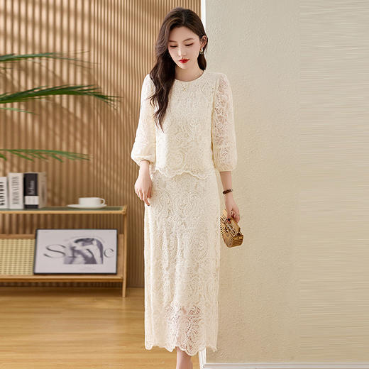 蕾丝新中式鱼尾长裙，修身气质优雅显瘦两件套连衣裙HR-MEIQIN5566 商品图3