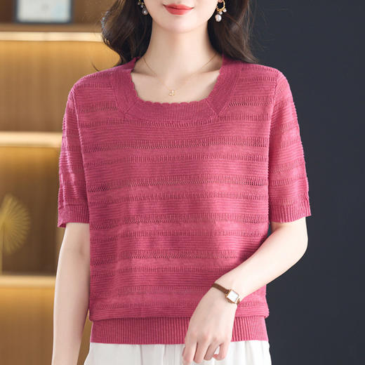 短款冰丝针织短袖T恤，薄款体恤宽松休闲小个子套头上衣CC- 5-6363 商品图3