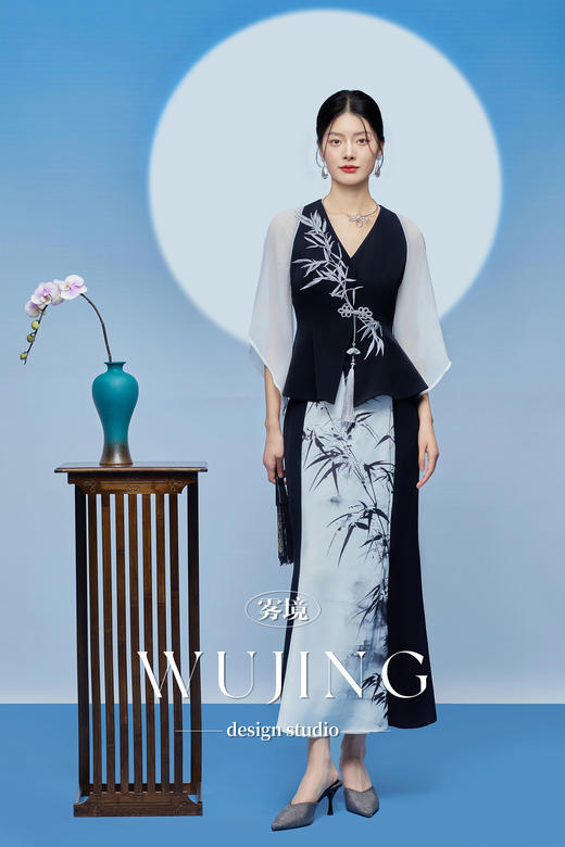 3205133 晚风听竹 进口蜂窝缎/韩国进口水晶乔其纱半裙 雾境 商品图2