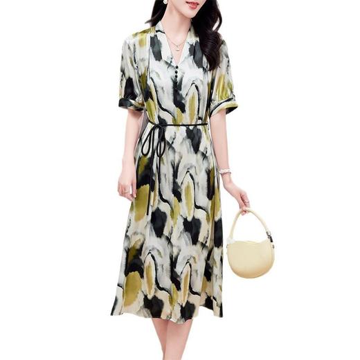 KQ-P09066轻奢弹力缎真丝连衣裙女V领优雅气质修身显瘦系带桑蚕丝裙子 商品图4