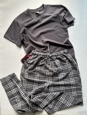 米马杂货 男女通用T+格子长裤 居家睡衣套装 外出买菜倒垃圾
