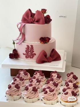 【臻品系列】--【玫紫色喜字鲜花】婚礼、订婚蛋糕