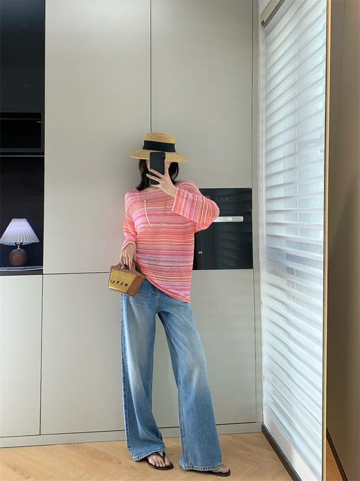 2025春新款钩花百搭条纹镂空宽松圆领长袖薄款针织衫 商品图6