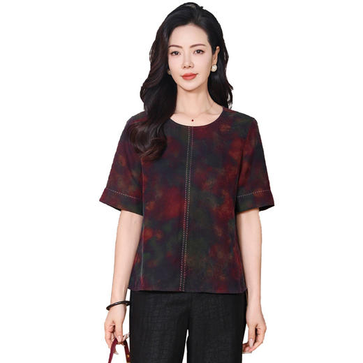 KQ-221809大妈纯色香云纱真丝上衣女夏圆领短袖简约大方桑蚕丝t桖小衫 商品图4