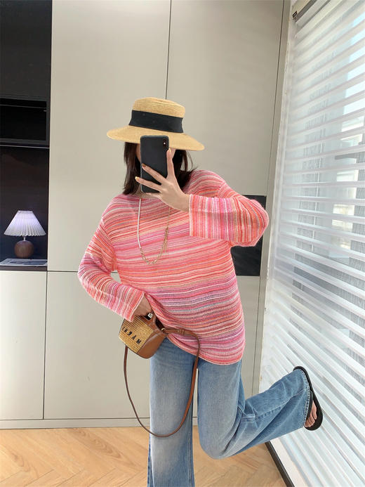 2025春新款钩花百搭条纹镂空宽松圆领长袖薄款针织衫 商品图9