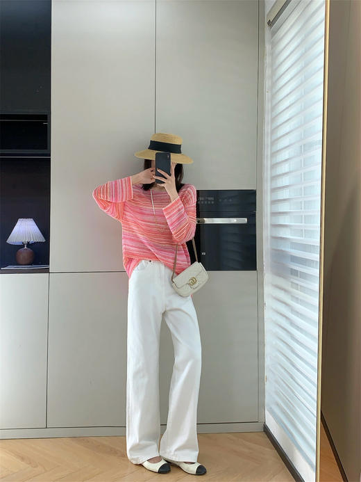 2025春新款钩花百搭条纹镂空宽松圆领长袖薄款针织衫 商品图10