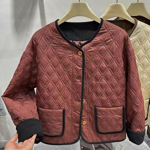 最后一件赔钱清货，退货勿下单！宽松版-韩系V字绗缝刺绣拼灯芯绒卷袖夹棉外套-喜出 商品图2