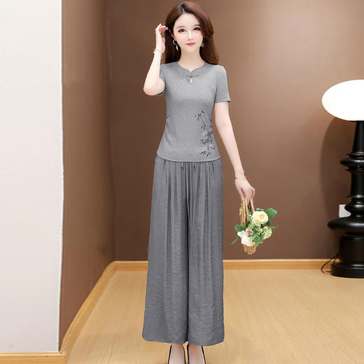 QYMYJ-25DA45-L 2025年夏款新中式复古短袖T恤衫松紧腰垂感休闲阔腿裤时尚两件套 商品图1