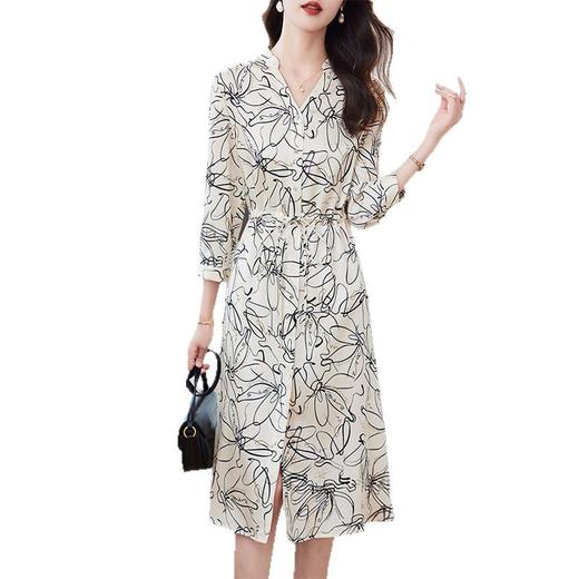 KQ-29679品牌V领淑女轻熟风真丝连衣裙气质名媛法式显瘦碎花收腰桑蚕丝裙 商品图4