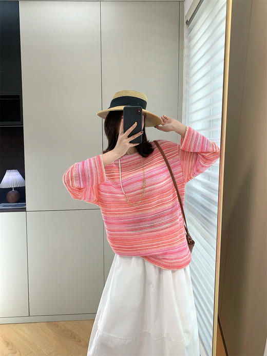 2025春新款钩花百搭条纹镂空宽松圆领长袖薄款针织衫 商品图11