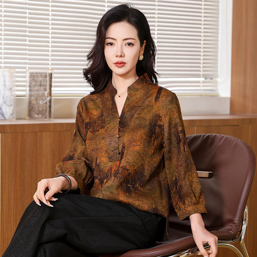 KQ-221802香云纱真丝复古衬衫2025春夏新款七分袖大码立领桑蚕印花小衫 商品图0