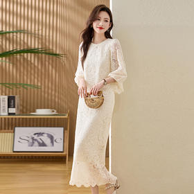 蕾丝新中式鱼尾长裙，修身气质优雅显瘦两件套连衣裙HR-MEIQIN5566