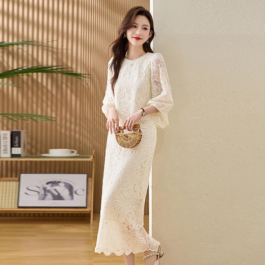 蕾丝新中式鱼尾长裙，修身气质优雅显瘦两件套连衣裙HR-MEIQIN5566 商品图0