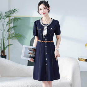 QYM 65020 -Y时尚飘带设计牛仔裙连衣裙气质A字裙