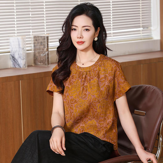 KQ-221810新中式冠乐绉香云纱短袖T恤2025夏新款国风复古小衫体恤真丝上衣 商品图0