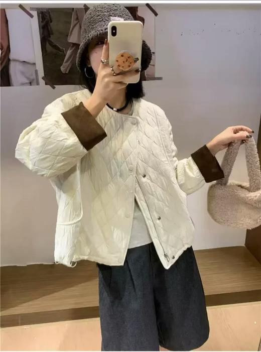 太划算了！！宽松版-韩系拼PU卷边袖下摆抽绳夹棉外套6773-喜出 商品图0