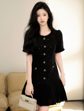 【清仓超15天不保价】奢姿2025年夏季新款大码女装小香风裙子胖妹妹轻奢压褶温柔连衣裙9952853082【1】