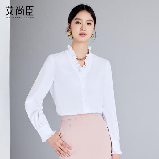 艾尚臣长袖衬衫女2025新款高级感精致V领木耳边通勤百搭法式衬衣 商品图1