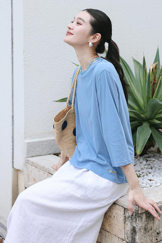 绽放旅行女装207朵/QQ糖T恤棉高支薄小圆领落肩七分袖百搭上衣 商品图5