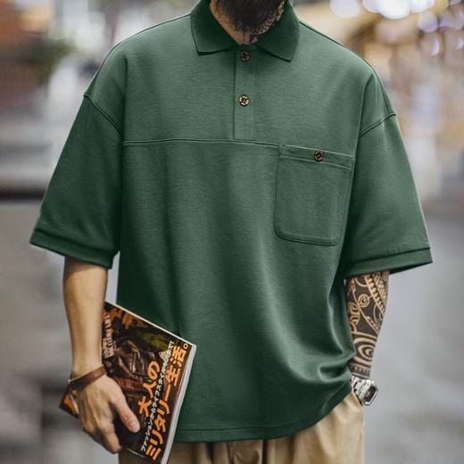 工装优选 美式复古绿色polo衫短袖重磅宽松学院风翻领半袖t恤男夏 商品图4