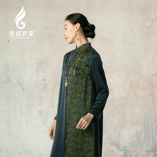 吉祥衣家新中式国风春新款高端气质显瘦修身女装花常逐月红连衣裙 商品图2