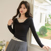【蕾丝拼接】纯欲性感荡领长袖T恤女褶皱收腰上衣V0050359 商品缩略图2