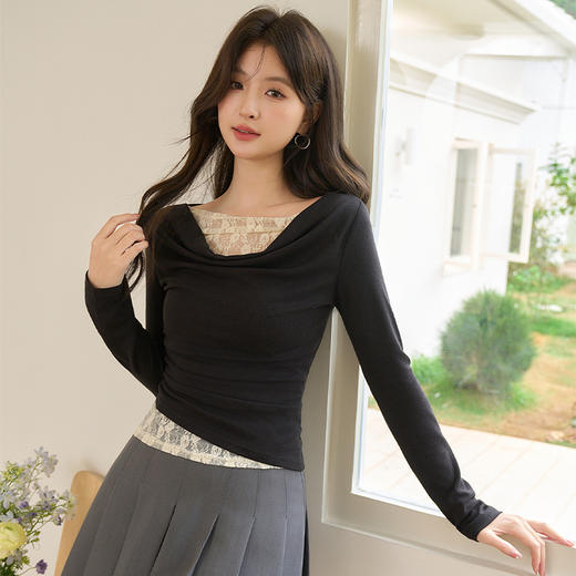 【蕾丝拼接】纯欲性感荡领长袖T恤女褶皱收腰上衣V0050359 商品图2