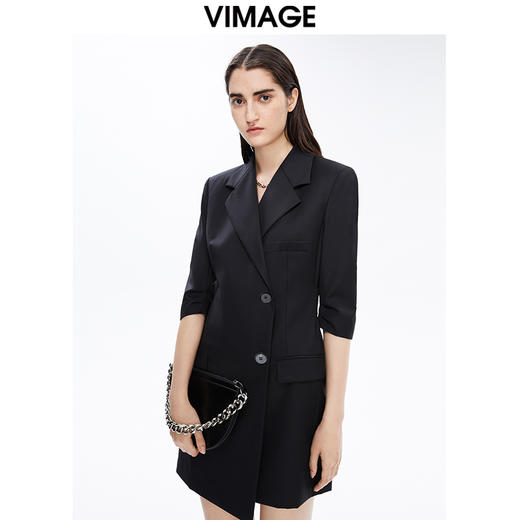 VIMAGE纬漫纪秋季新款洋气西装V领收腰显瘦五分袖短款连衣裙女V1607221 商品图5