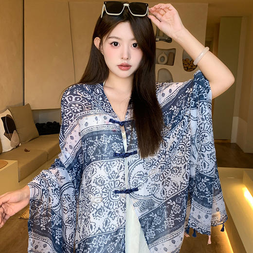 雀说国风双层盘扣丝巾女夏季空调房披肩新款民族风旗袍围巾ALJ372JZ 商品图9