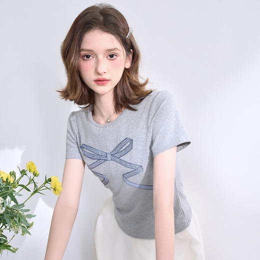 经典简约百搭蝴蝶结织带短袖T恤女2025春夏弹力针织上衣V0050354 商品图3