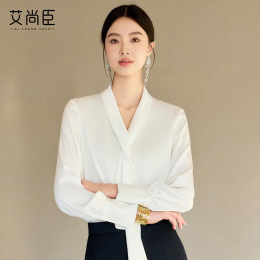 艾尚臣白色小众时尚洋气飘带衬衫女春秋季新款高级感时髦上衣衬衣 商品图2