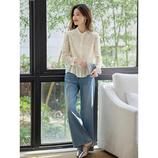 熙世界法式镂空蕾丝衬衫女长袖2025春秋新款休闲漂亮白色小衫上衣 商品图4