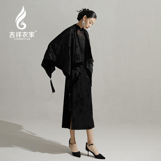 吉祥衣家新中式复古国风气质高端立领女装修身黑色兰之猗香连衣裙 商品图3